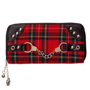 från Banned är en snygg plånbok i fakeläder ,röd tartan tyg, med dekorativa handklovar. Flera fack, Knäppes med dragkedja.